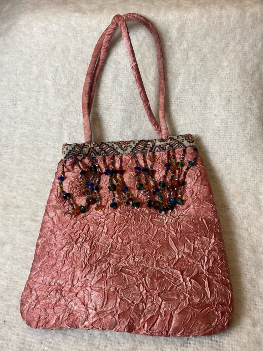 Handmade Pink Beaded Crinkle Tote Bag